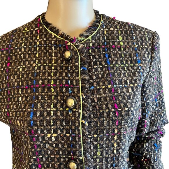 Patti and Leo Womens Jacket Sz M Checked Brown Multi-Color Fringed for Two Bits - Picture 3 of 10